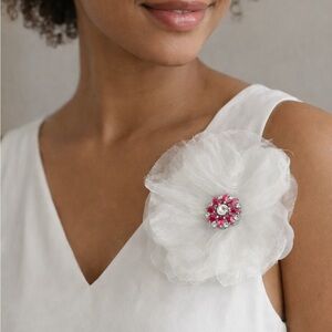 White Organza silk Flower Brooch with Gem Center